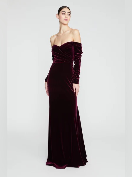 Theia Anita Off-Shoulder Velvet Gown In Crimson Rose